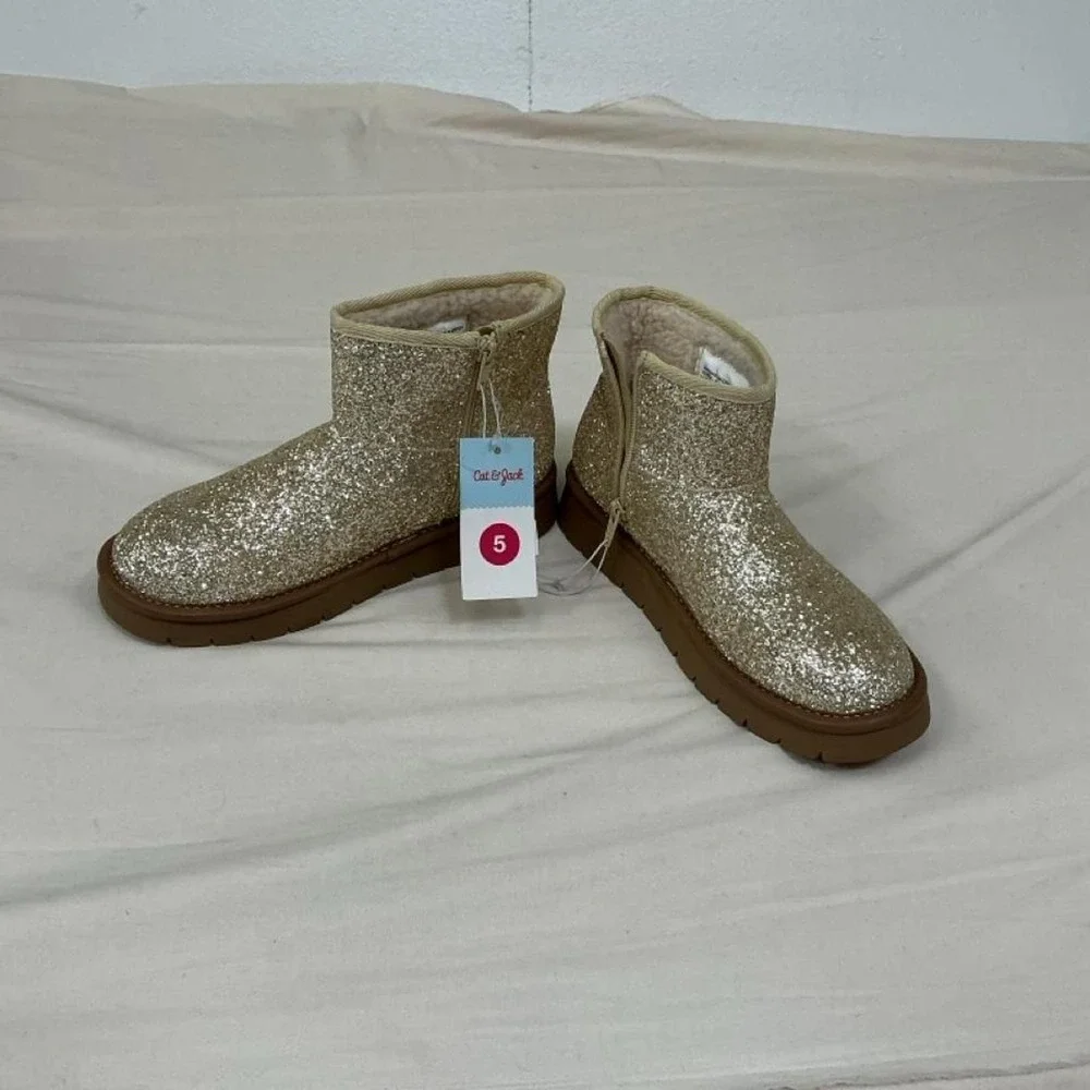 Cat & Jack Girls' Gold Glitter Faux Fur Lined Ankle Boots – Size 5